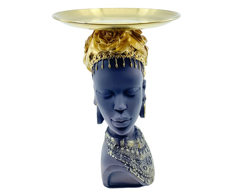 Statueta Etyopian Beauty, cu tava, lucrata manual din rasina, 26x11x8 cm, negru/auriu, design elegant, Doty
