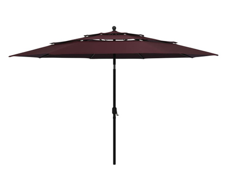 Umbrelă de soare 3 niveluri, stâlp aluminiu, roșu bordo, 3,5 m