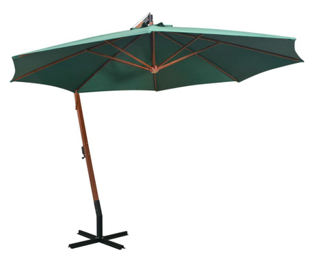 Umbrelă de soare suspendată 350 cm, stâlp din lemn, verde