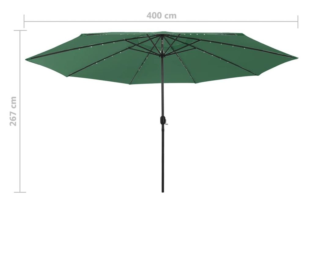 Външен чадър за слънце, LED и метална стойка, зелен, 400 см - 7