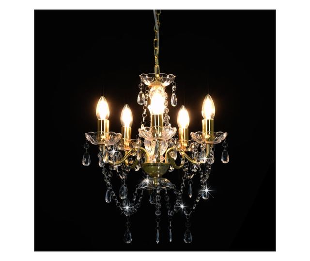 Candelabru cu mărgele de cristal, auriu, rotund, 5 x E14