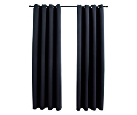 Затъмняващи завеси с метални халки, 2 бр, черни, 140x175 см