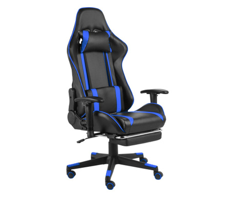 Въртящ геймърски стол с подложка за крака, син, PVC