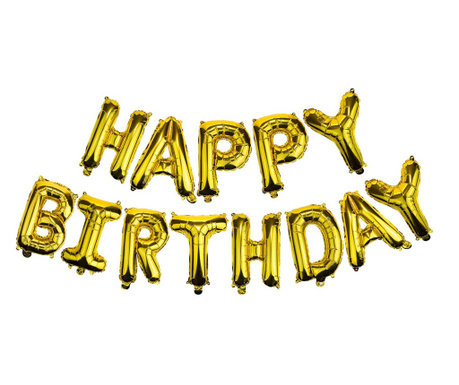 Set baloane auriu Happy Birthday ,din folie de aluminiu , panglica, dimensiune litera 40 cm, doty