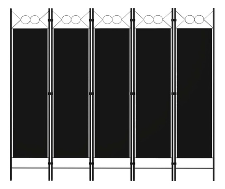 Параван за стая, 5 панела, черен, 200x180 см
