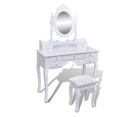 Тоалетка с огледало и табуретка, 7 чекмеджета, бяла
