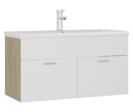 Шкаф за баня с вградена мивка, бяло и дъб сонома, ПДЧ