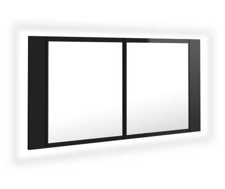 LED шкаф с огледало за баня, черен гланц, 90x12x45 см