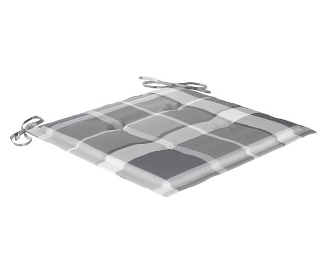 Градински столове, сиви карирани възглавници, 2 бр., Масивно тиково дърво