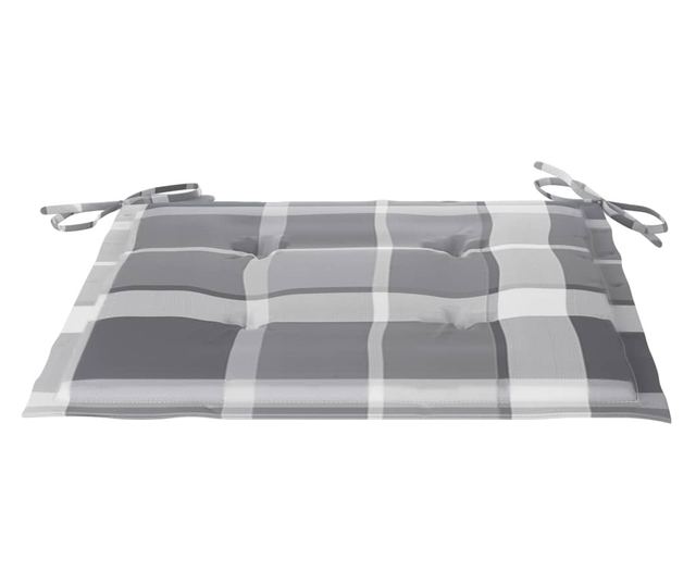 Градински столове, сиви карирани възглавници, 2 бр., масивна тикова дървесина