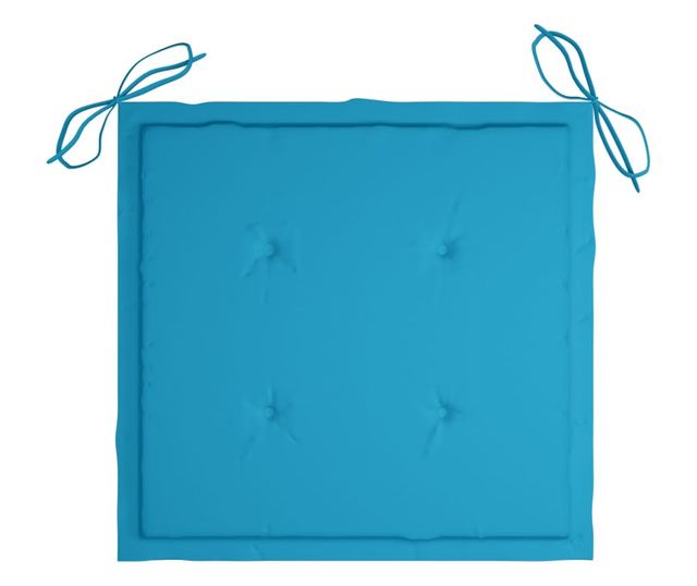 Градински столове със сини възглавници, 3 бр., масивно тиково дърво