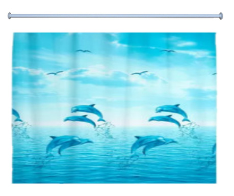 Set bara dus extensibila, 140-260 cm, cu perdea dus 180X180 cm, Albastru deschis cu delfini