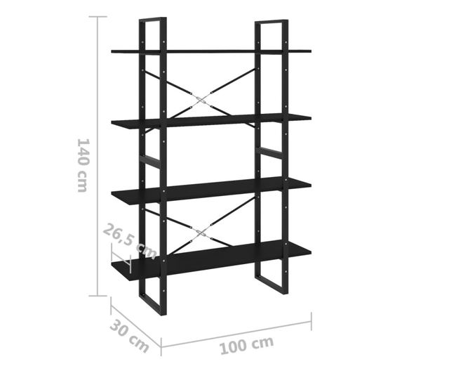 négyszintes fekete forgácslap könyvszekrény 100 x 30 x 140 cm