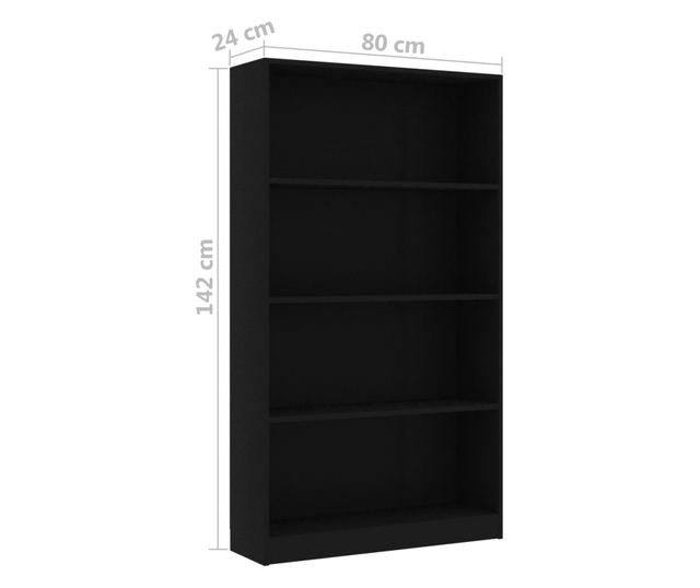 4-szintes fekete forgácslap könyvszekrény 80 x 24 x 142 cm