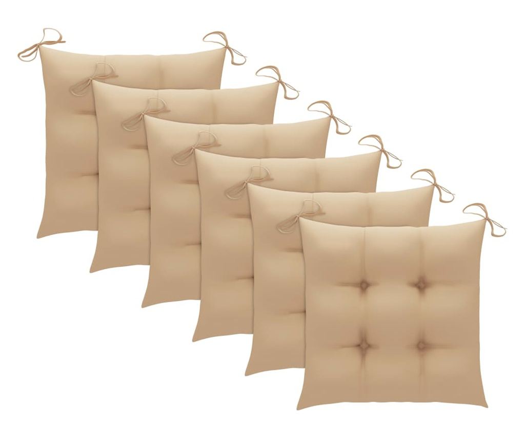 Градински столове с възглавници, 6 бр., бежови, масивно дърво тиково дърво - 7