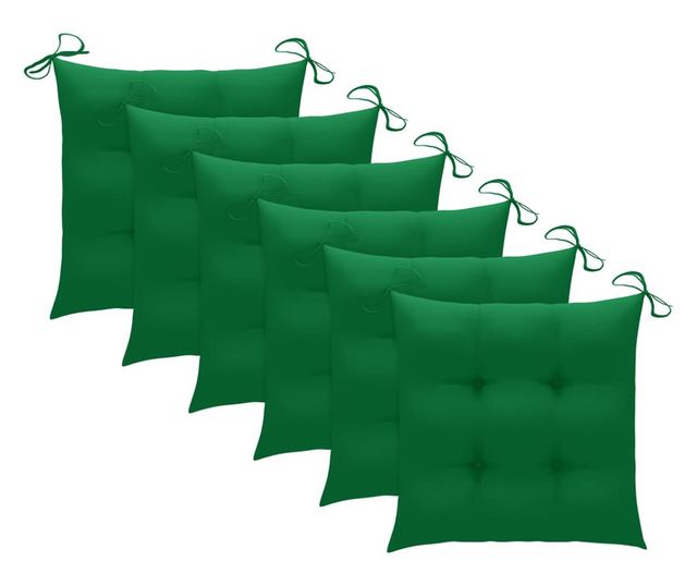 Градински столове с възглавници, 6 бр., Зелени, Масивно тиково дърво