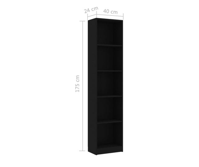 5-szintes fekete forgácslap könyvszekrény 40 x 24 x 175 cm