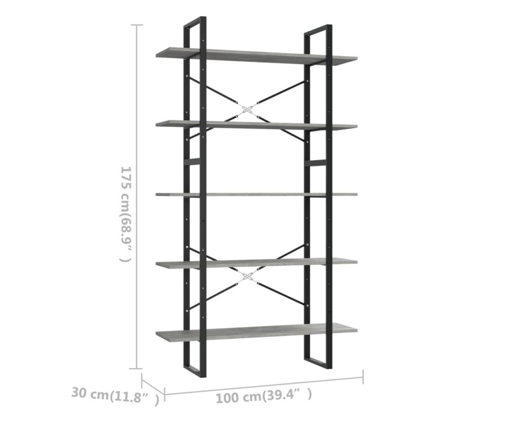 5 szintes betonszürke forgácslap könyvszekrény 100x30x175 cm - 6