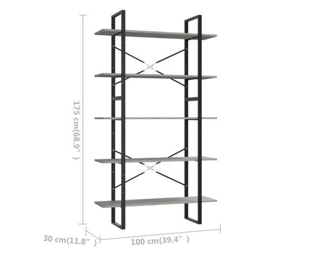 5 szintes betonszürke forgácslap könyvszekrény 100x30x175 cm