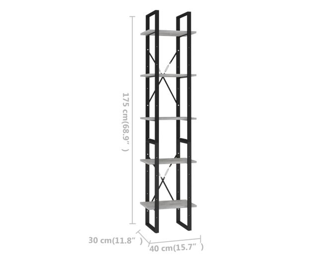 ötszintes betonszürke forgácslap könyvszekrény 40 x 30 x 175 cm