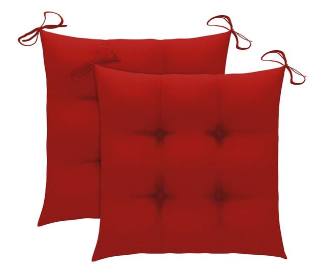 Градински столове с червени възглавници, 2 бр., Масивно тиково дърво