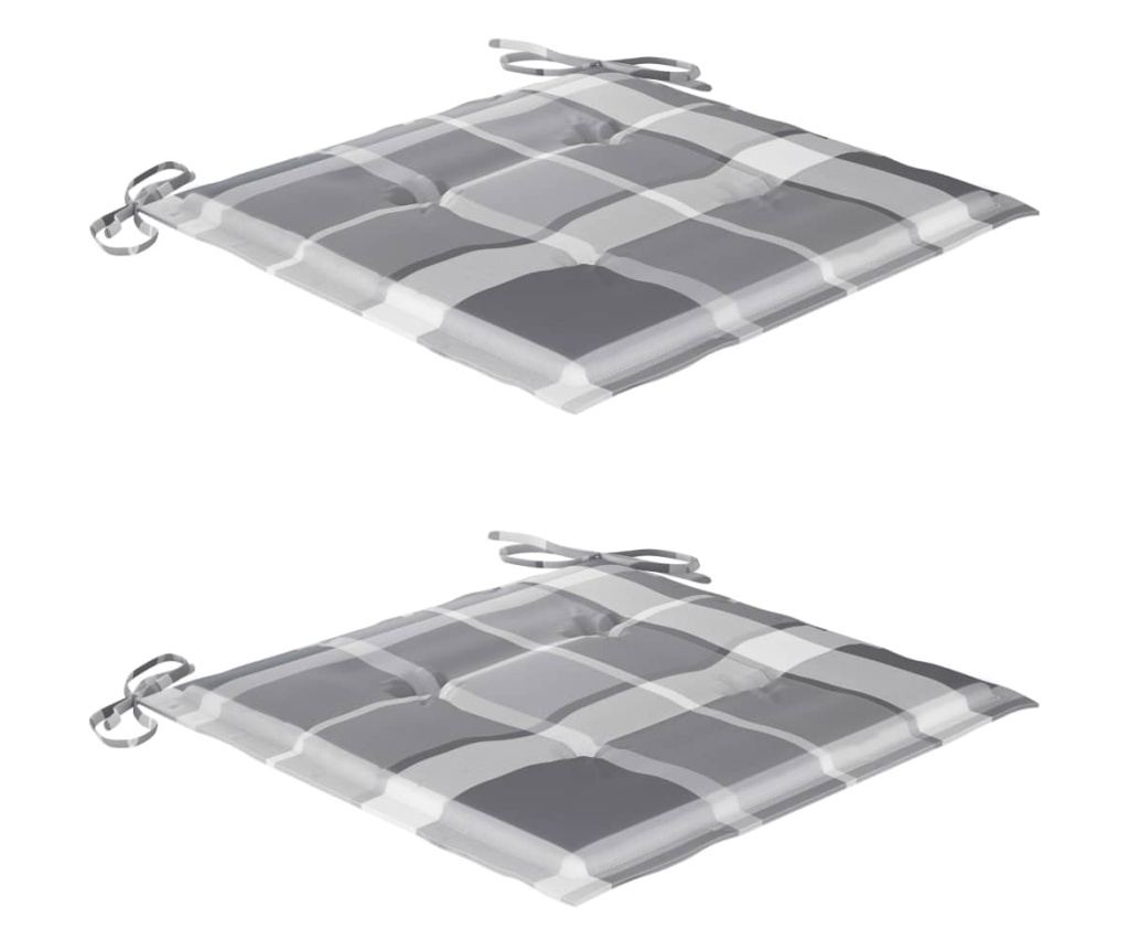 Градински столове, сиви карирани възглавници, 2 бр., масивна тикова дървесина - 6