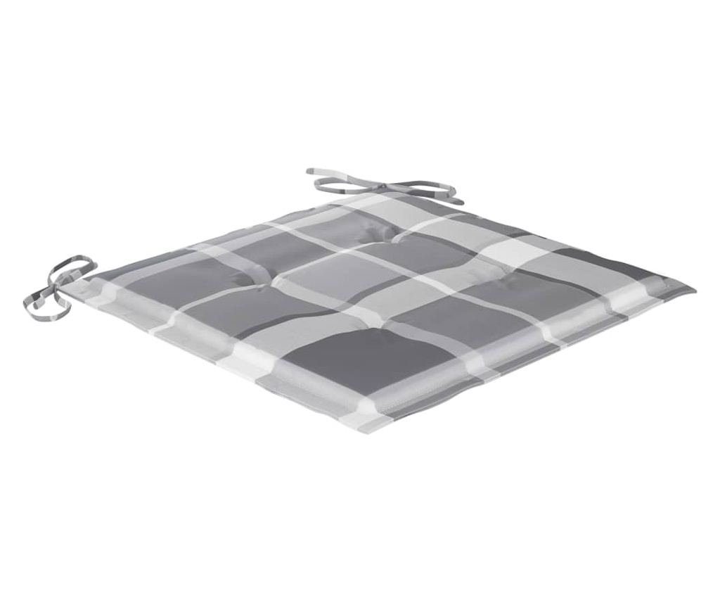 Градински столове, сиви карирани възглавници, 2 бр., масивна тикова дървесина - 7