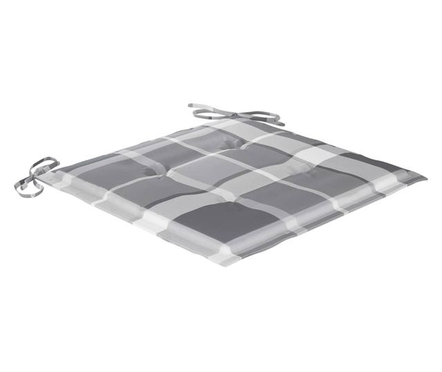 Градински столове, сиви карирани възглавници, 2 бр., Масивно тиково дърво