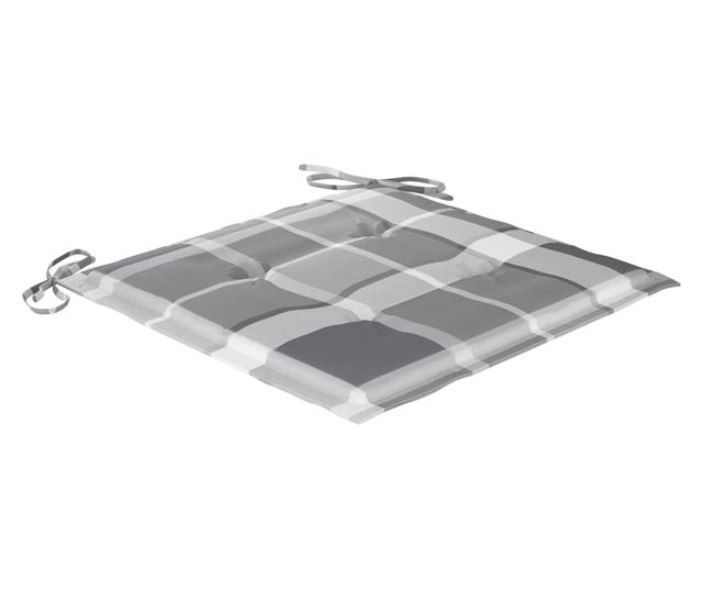 Градински столове, сиви карирани възглавници, 2 бр., масивна тикова дървесина