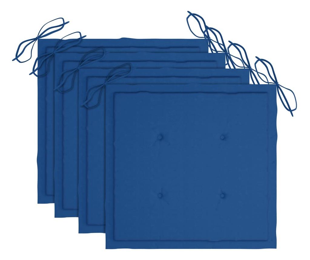 Градински столове с кралско сини възглавници, 4 бр., Масивно дърво тиково дърво - 6