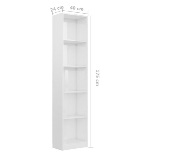 5-szintes magasfényű fehér forgácslap könyvszekrény 40x24x175cm