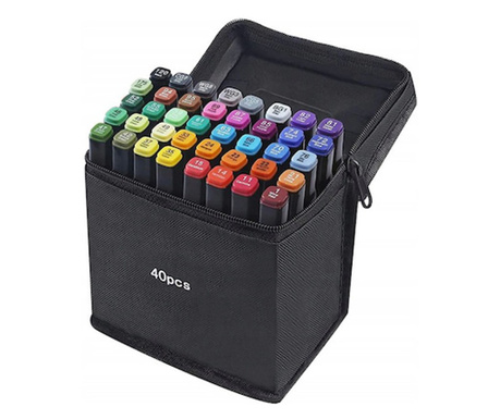 Set 40 Markere Premium cu 2 capete si geanta de depozitare, Multicolor