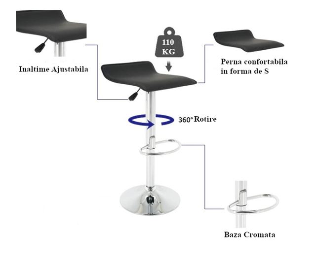 Scaun bar, bistro, salon, hidraulic, suport picioare, cu inaltime reglabila intre 65.5-87 cm, negru, buz