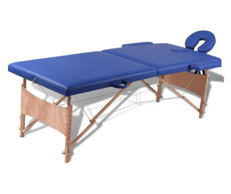 Modrý skládací masážní stůl se 2 zónami a dřevěným rámem