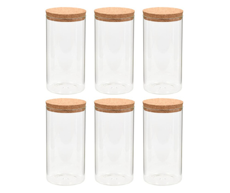 Стъклени буркани за съхранение с коркови капаци, 6 бр, 1100 мл
