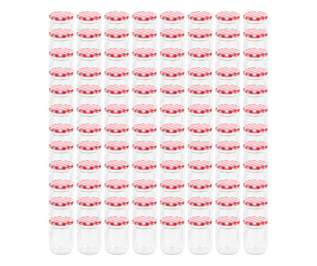 Стъклени буркани за сладко с бяло-червени капачки 96 бр 230 мл