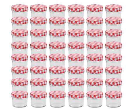 Стъклени буркани за сладко с бяло-червени капачки 48 бр 110 мл