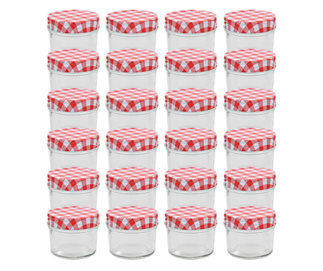 Стъклени буркани за сладко с бяло-червени капачки 24 бр 110 мл