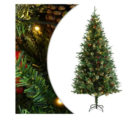 Božićno drvce s LED svjetlima i šiškama zeleno 225 cm PVC i PE