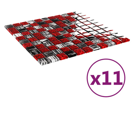 Плочки тип мозайка, 11 бр, черно и червено, 30х30 см, стъкло