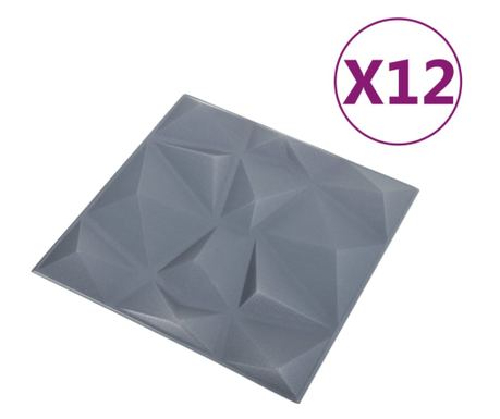 3D стенни панели, 12 бр, 50x50 см, диамантено сиво, 3 м²