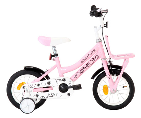 Детски велосипед с преден багажник, 12 цола, бяло и розово