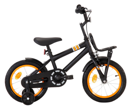 Детски велосипед с преден багажник, 14 цола, черно и оранжево