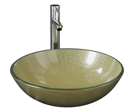 Мивка за баня с кран и сифон, златисто закалено стъкло