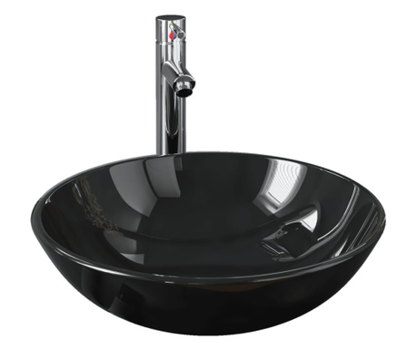 Мивка за баня с кран и сифон, черно закалено стъкло