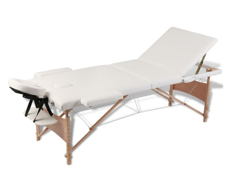 Krémově bílý skládací masážní stůl se 3 zónami a dřevěným rámem