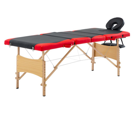 Składany stół do masażu, 4 strefy, drewniany, czarno-czerwony