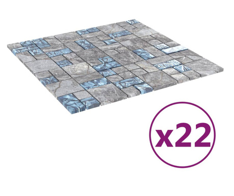 Плочки тип мозайка, 22 бр, сиво и синьо, 30х30 см, стъкло