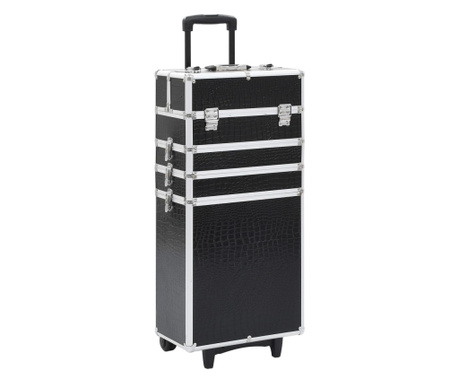 Куфар за грим на колелца, алуминий, черен с крокодилски мотив