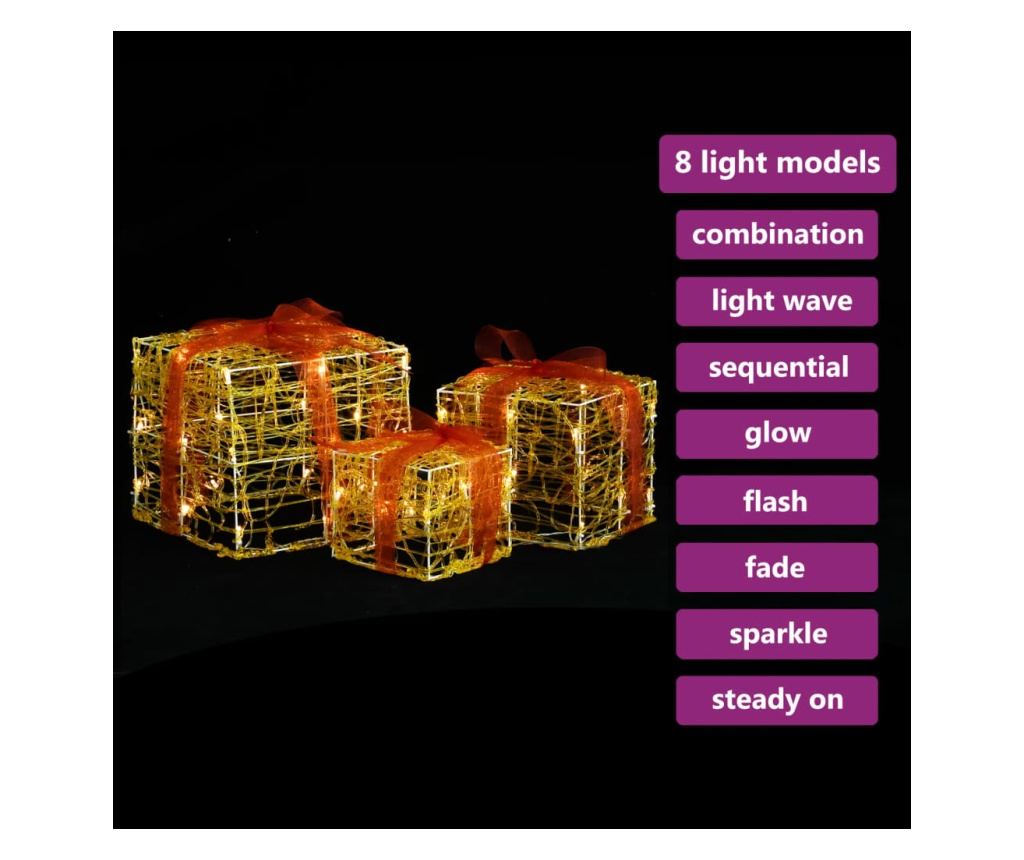 Ukrasne božićne poklon kutije, 3 kom, Toplo bijela, Akril - 3